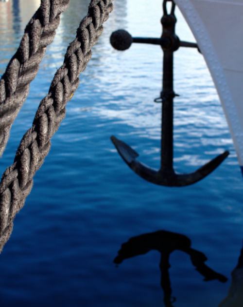 Close-up of a ship's anchor with its reflection in the water and a thick braided rope in the foreground.